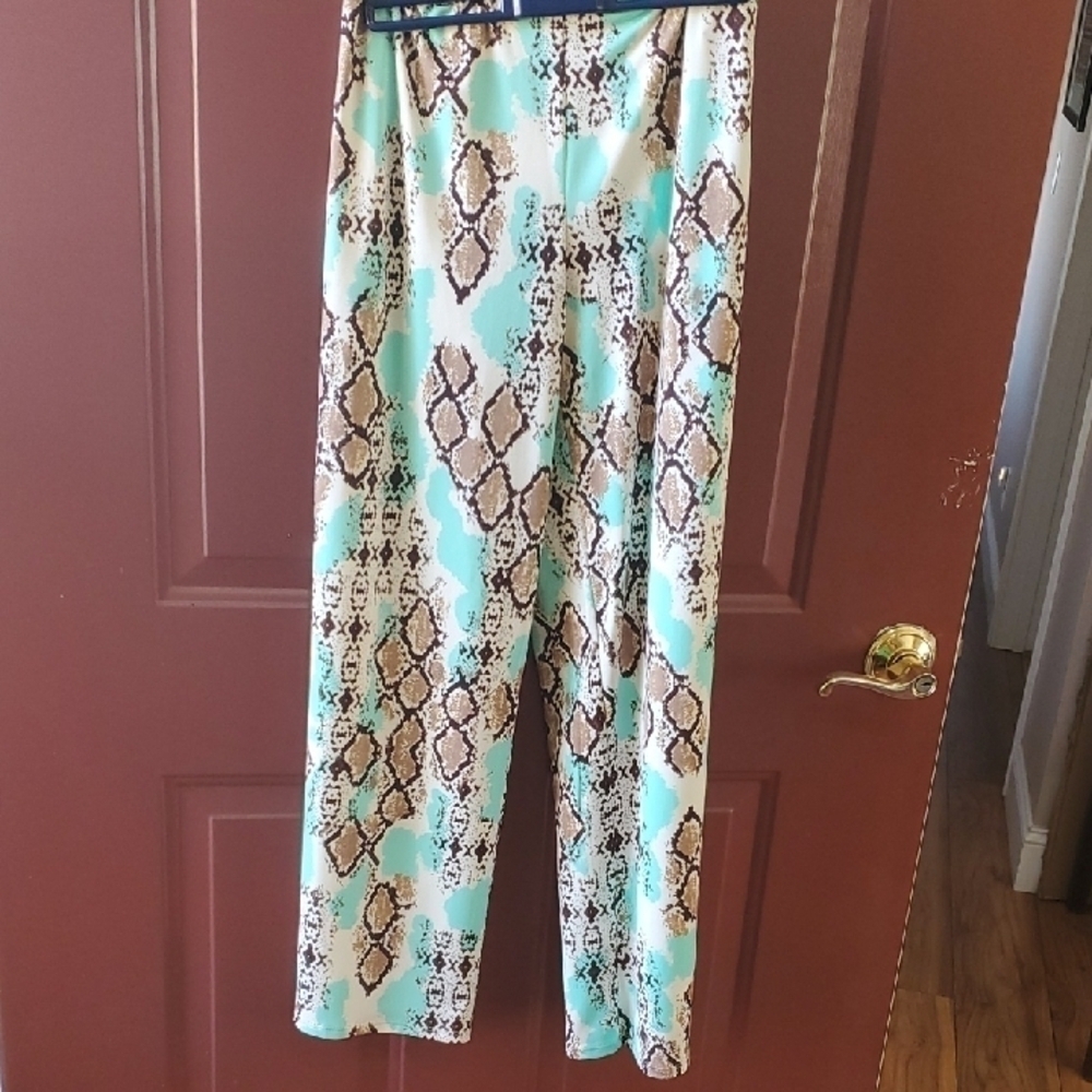 Spense Wide Leg Pants - Snake Print in Aqua and Brown Large